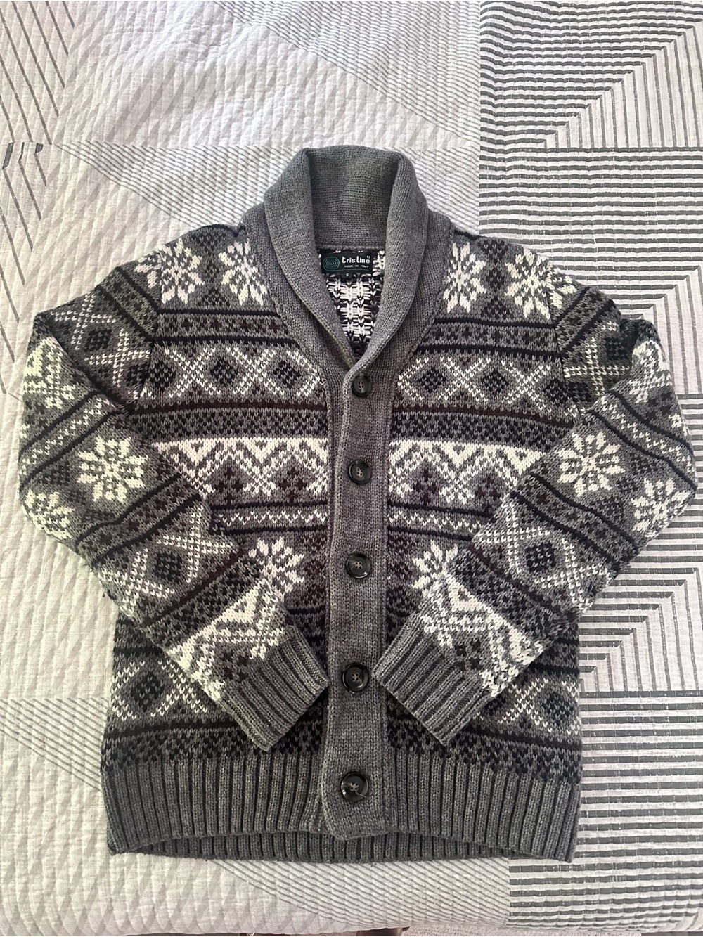 Gray Patterned Shawl Collar Button-Up Men's Sweater